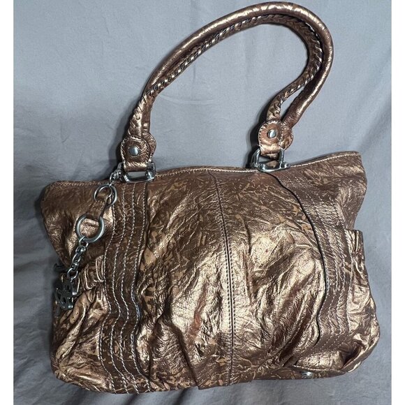B. Makowsky Metallic Bronze Copper Gold Tote Bag Purse With Braided Handles & Ke - Picture 1 of 12